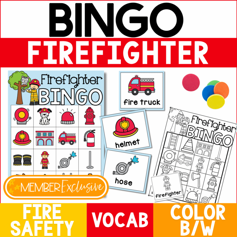 Firefighter BINGO community helpers activity featuring a colorful firefighter bingo board, black-and-white printable board, and firefighter vocabulary picture cards for fire truck, helmet, hose, and firefighter. Colorful bingo chips demonstrate game play while the preview highlights fire safety vocabulary, community helper vocabulary, matching, visual discrimination, and color or black-and-white printing options.
