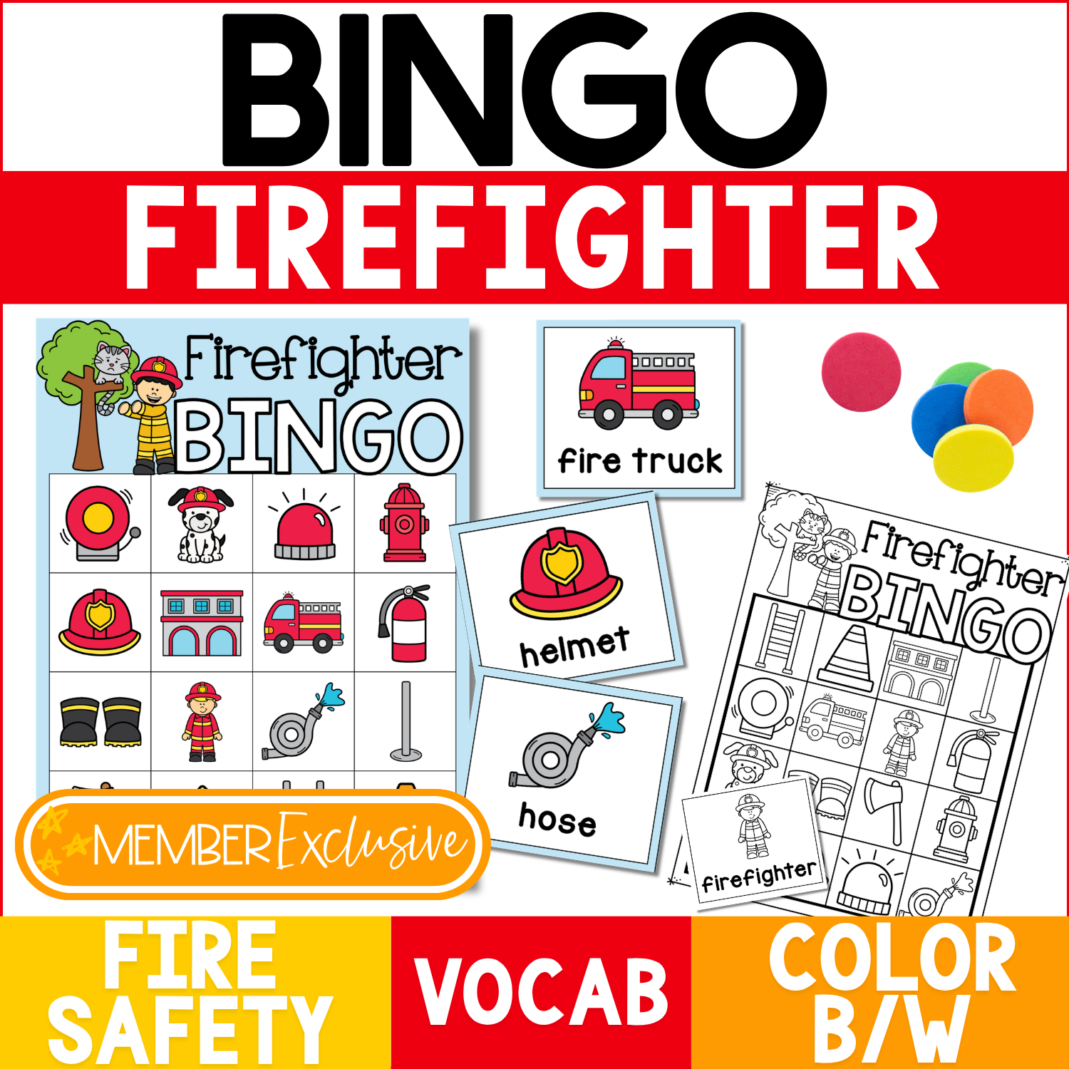 Firefighter BINGO community helpers activity featuring a colorful firefighter bingo board, black-and-white printable board, and firefighter vocabulary picture cards for fire truck, helmet, hose, and firefighter. Colorful bingo chips demonstrate game play while the preview highlights fire safety vocabulary, community helper vocabulary, matching, visual discrimination, and color or black-and-white printing options.