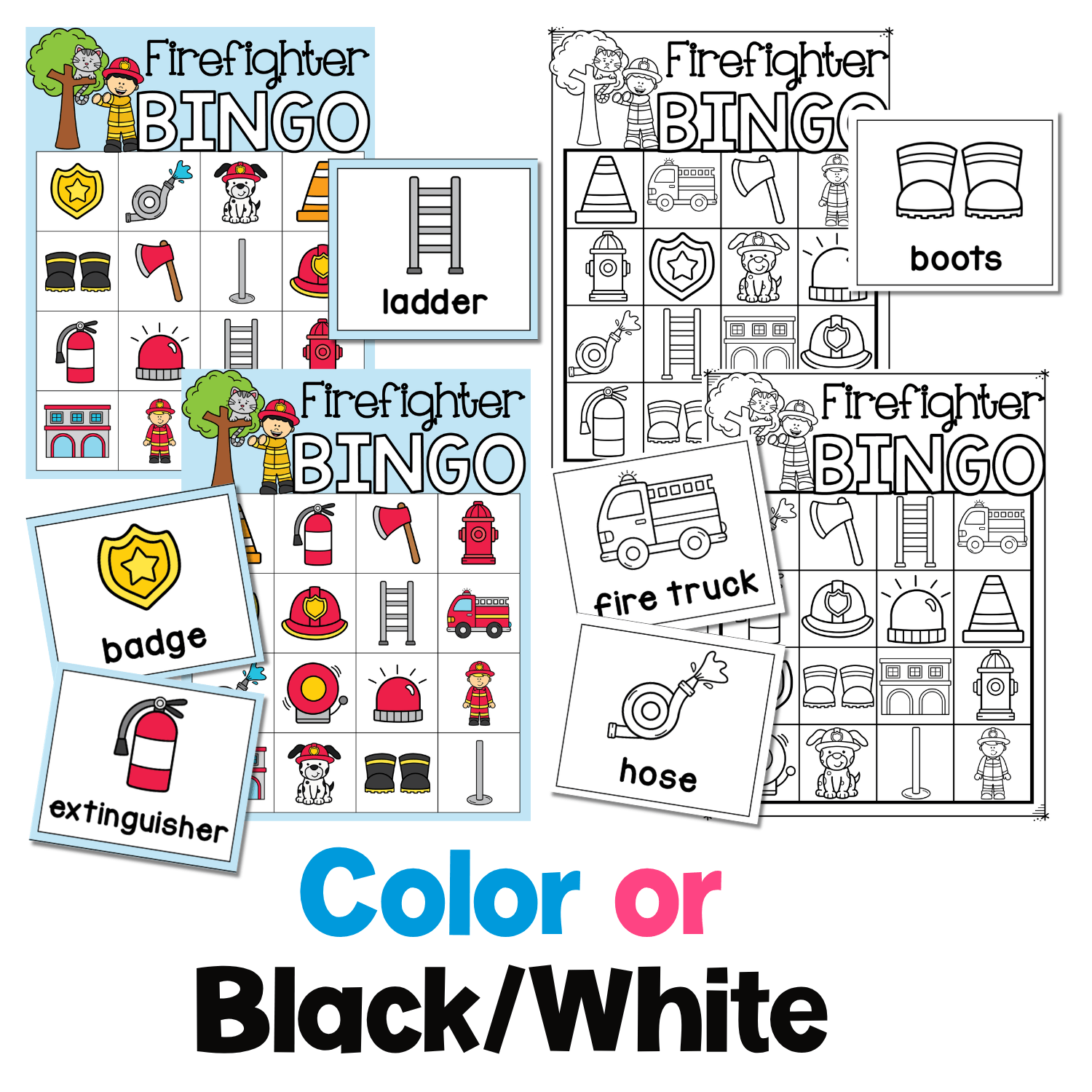Firefighter BINGO game preview showing printable color and black-and-white bingo boards with matching firefighter vocabulary cards. Fire safety and community helper pictures include a ladder, firefighter boots, badge, fire truck, hose, fire extinguisher, helmet, hydrant, axe, fire station, and firefighter for vocabulary development, visual discrimination, matching, and community helpers activities.