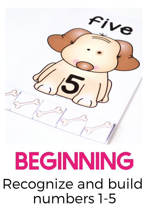 Picture dog counting card with number five and five dog bones text says: Beginning: Recognize and build numbers 1-5