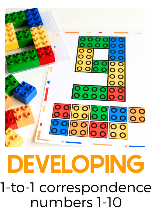 picture of duplo block counting mat with the number 9 text says: Developing: 1-to-1 correspondence numbers 1-10
