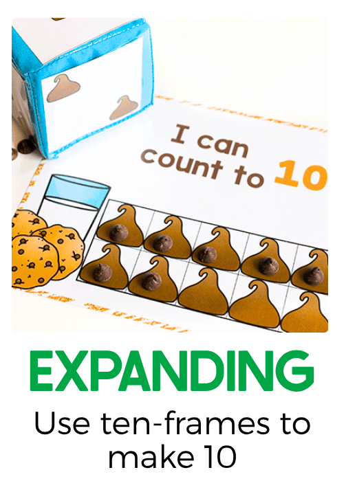 picture of chocolate chip themed ten-frame with statement I can count to 10. Text overlay says: Expanding: Use ten-frames to make ten