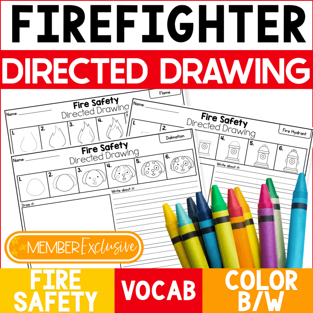 Firefighter Directed Drawing cover showing Fire Safety Week worksheets for a flame, Dalmatian, and fire hydrant with step-by-step drawing boxes, writing lines, crayons, and Fire Safety vocabulary.