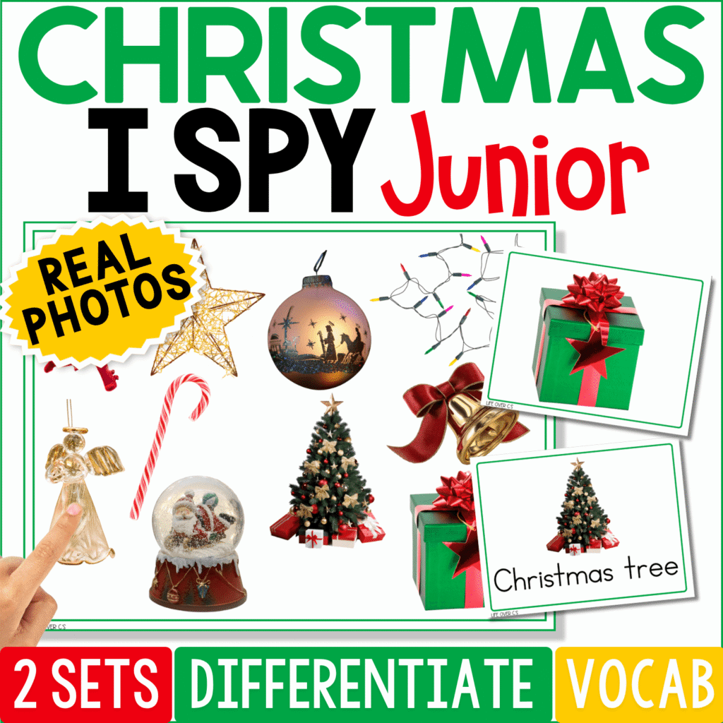 Christmas I Spy Junior board game with real photos of holiday objects including a Christmas tree, ornament, gift, bells, star, snow globe, and candy cane. Preview shows picture cards and game boards for preschool Christmas vocabulary, visual discrimination, matching, and small group learning, with two differentiated game sets.