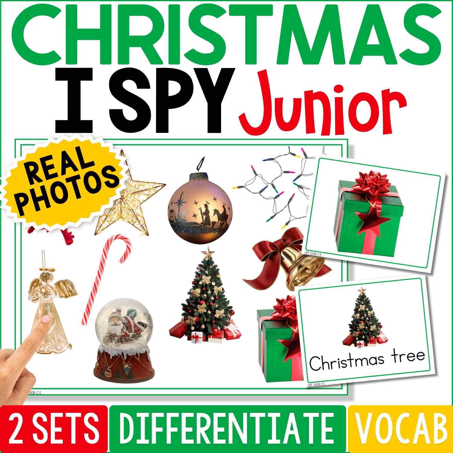 Christmas I Spy Junior board game with real photos of holiday objects including a Christmas tree, ornament, gift, bells, star, snow globe, and candy cane. Preview shows picture cards and game boards for preschool Christmas vocabulary, visual discrimination, matching, and small group learning, with two differentiated game sets.