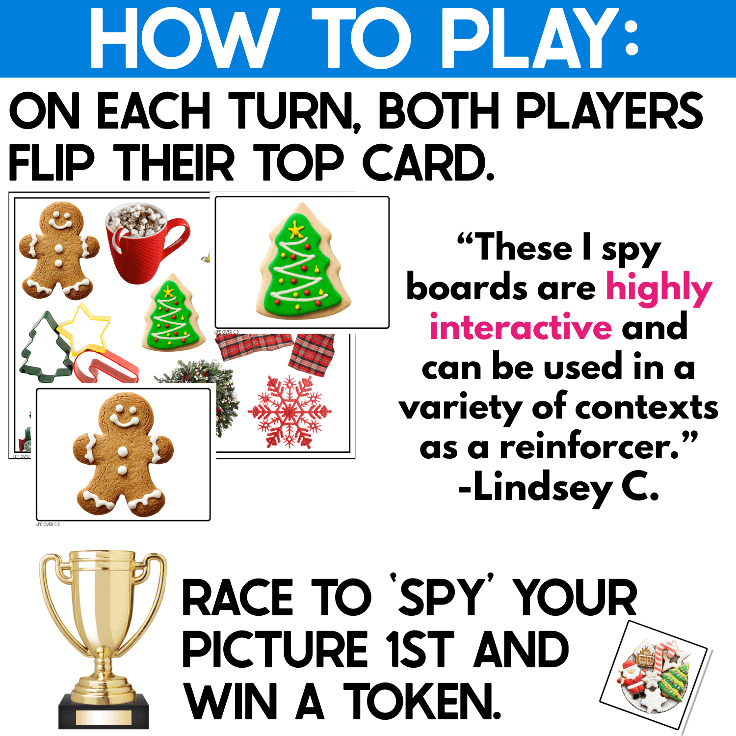 Christmas I Spy Junior game directions showing players flipping the top picture card, searching the real photo Christmas board, and racing to find the matching image first to win a token. Sample Christmas vocabulary includes gingerbread, hot chocolate, Christmas cookies, snowflakes, train, and cookie cutter for visual scanning, matching, and preschool language development.