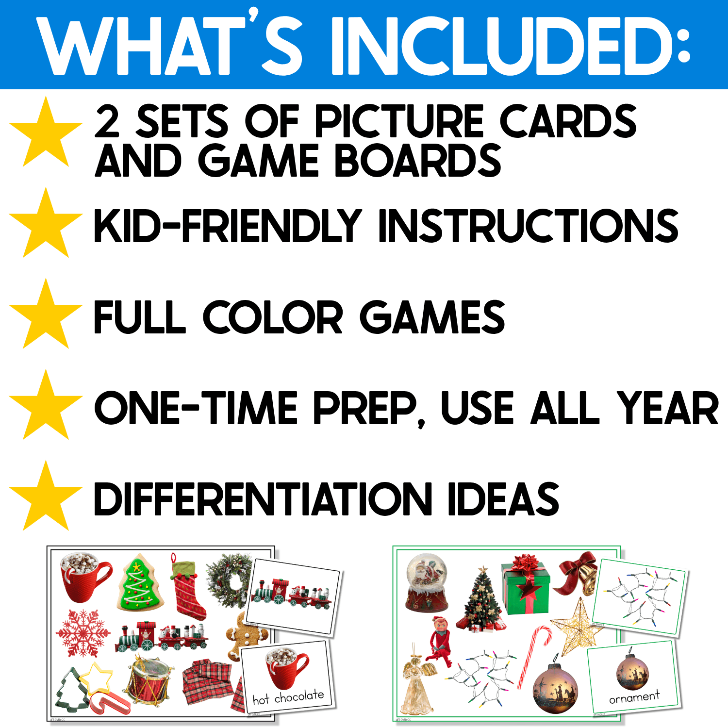 Christmas I Spy Junior printable preview showing what is included in the preschool game: two sets of picture cards and game boards, kid-friendly directions, full-color Christmas games, and differentiation ideas. Sample boards feature real photos of hot chocolate, Christmas cookies, snowflakes, pajamas, ornaments, gifts, and other holiday vocabulary.