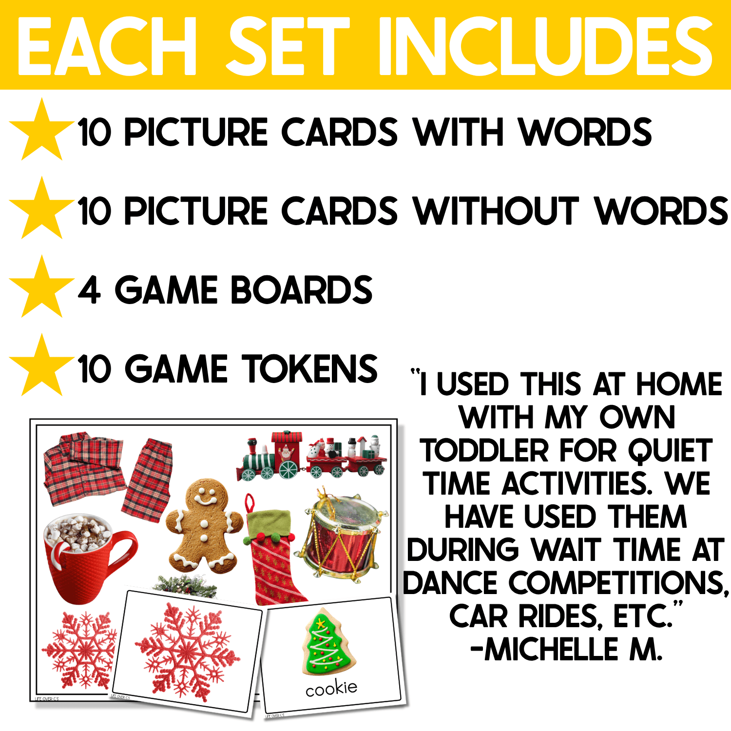 Christmas I Spy Junior game set preview showing picture cards with and without words, four game boards, and game tokens for each set. Real photo Christmas vocabulary includes pajamas, gingerbread, hot chocolate, a drum, stockings, a train, snowflakes, and Christmas cookies for matching, visual scanning, and preschool language activities.