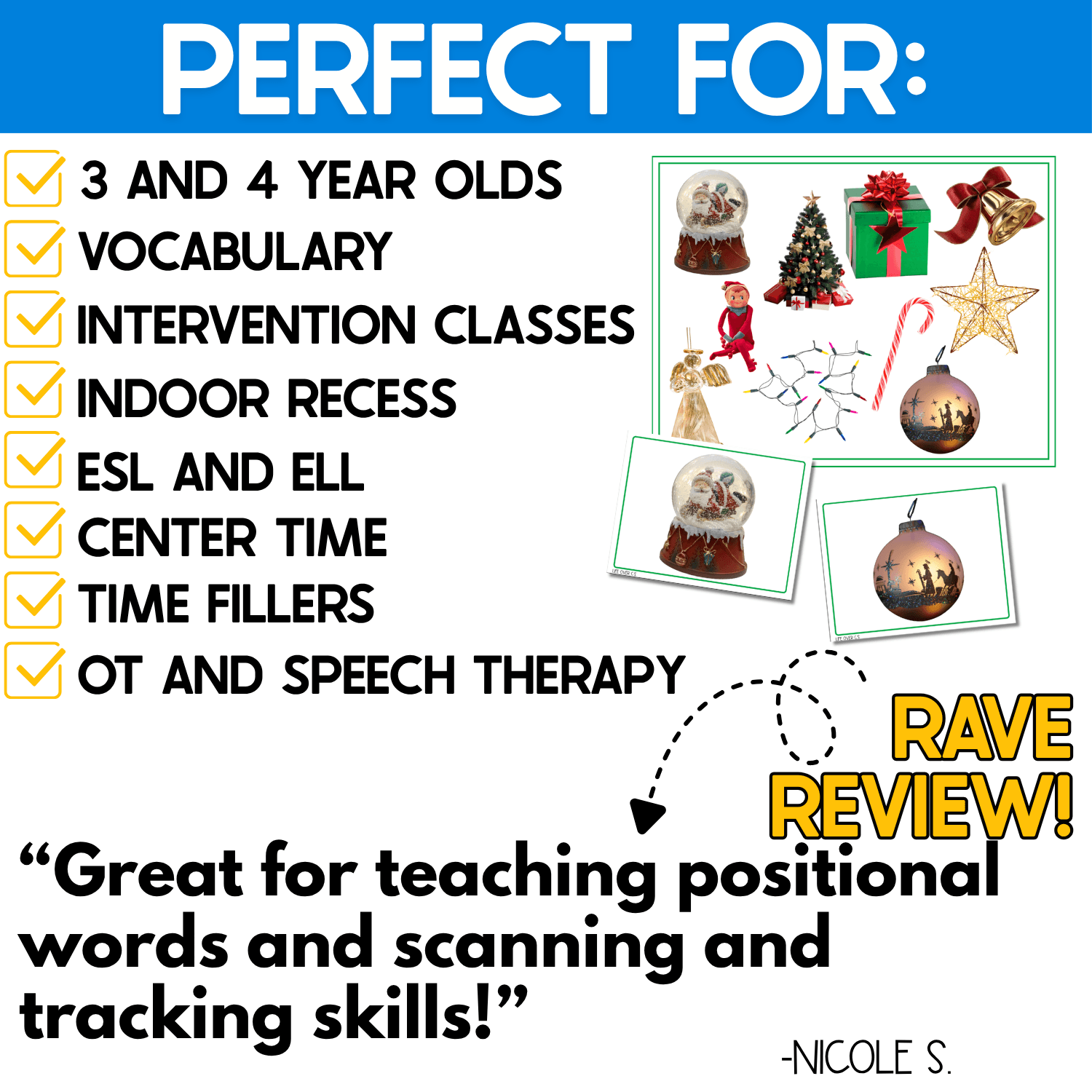Christmas I Spy Junior activity highlighted for 3- and 4-year-olds, vocabulary practice, intervention, indoor recess, ESL and ELL, center time, time fillers, OT, and speech therapy. Real photo game boards and Christmas picture cards support visual discrimination, positional language, scanning, tracking, and expressive vocabulary.