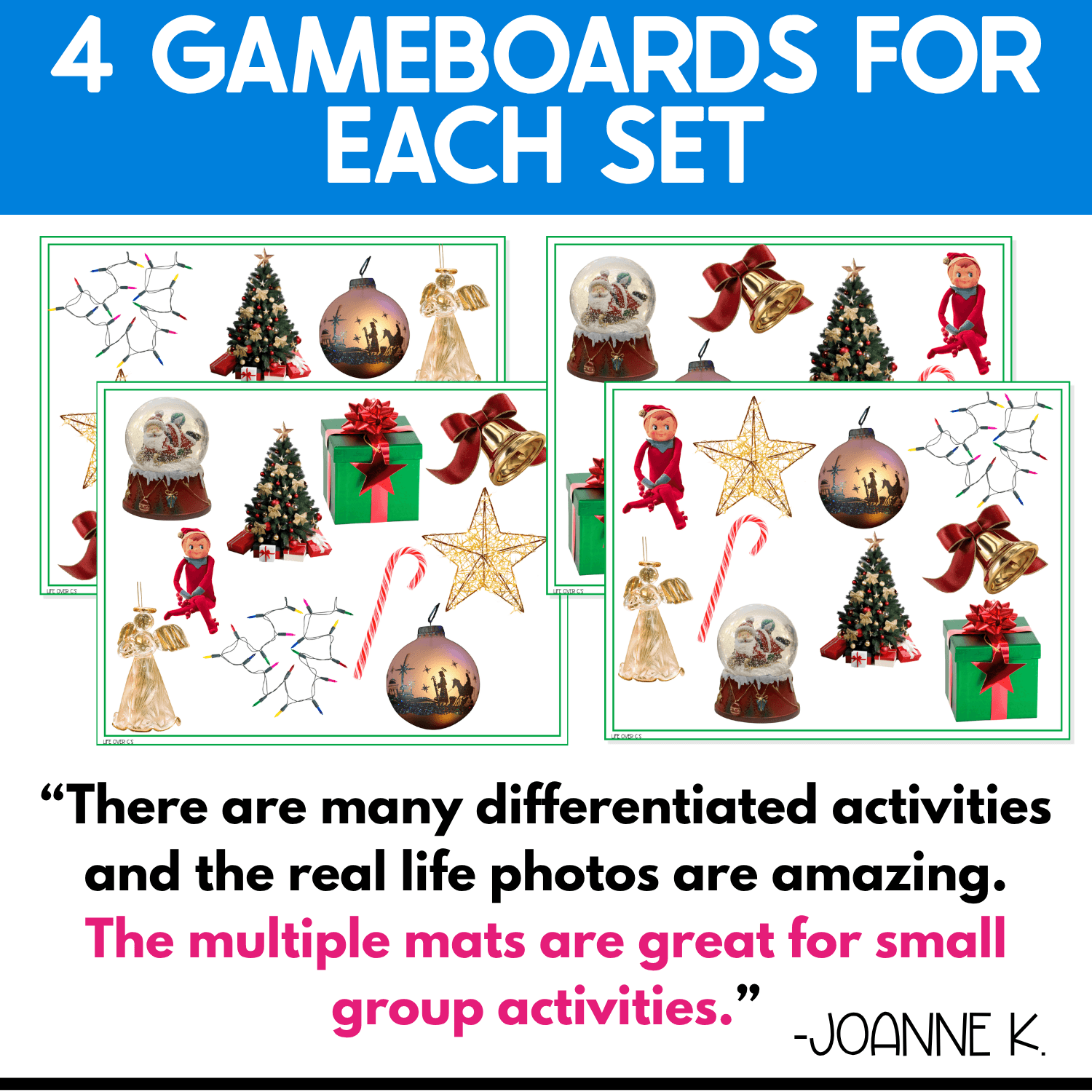 Christmas I Spy Junior printable showing four different real photo game boards for each Christmas picture set. Boards feature holiday images such as a Christmas tree, snow globe, ornament, star, gift, bells, angel, and candy cane, providing multiple layouts for small group activities, matching, vocabulary, and visual discrimination.