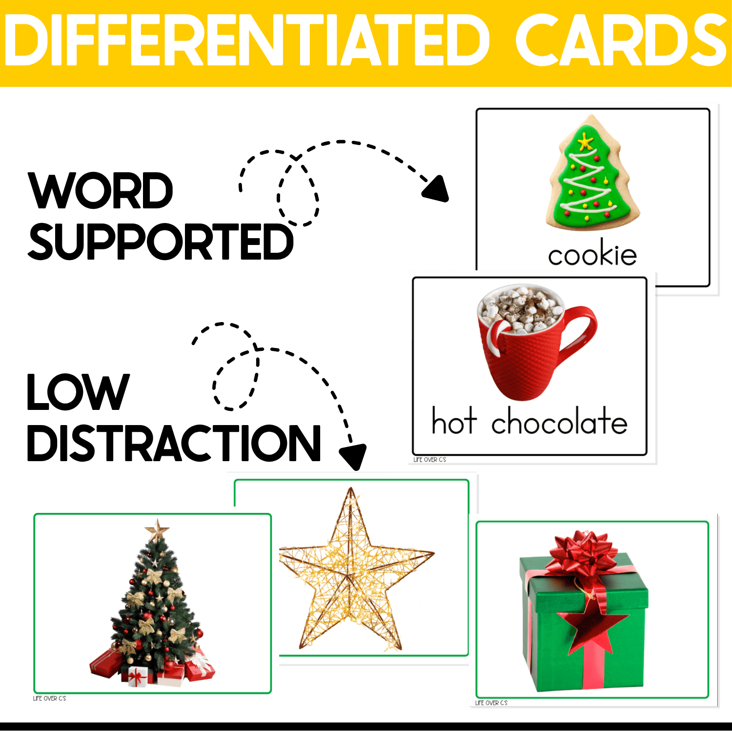 Differentiated Christmas I Spy Junior picture cards showing word-supported and low-distraction options for preschoolers. Christmas vocabulary examples include cookie, hot chocolate, Christmas tree, star ornament, and wrapped gift, allowing teachers to adjust visual and language support for speech therapy, ELL, special education, and classroom centers.