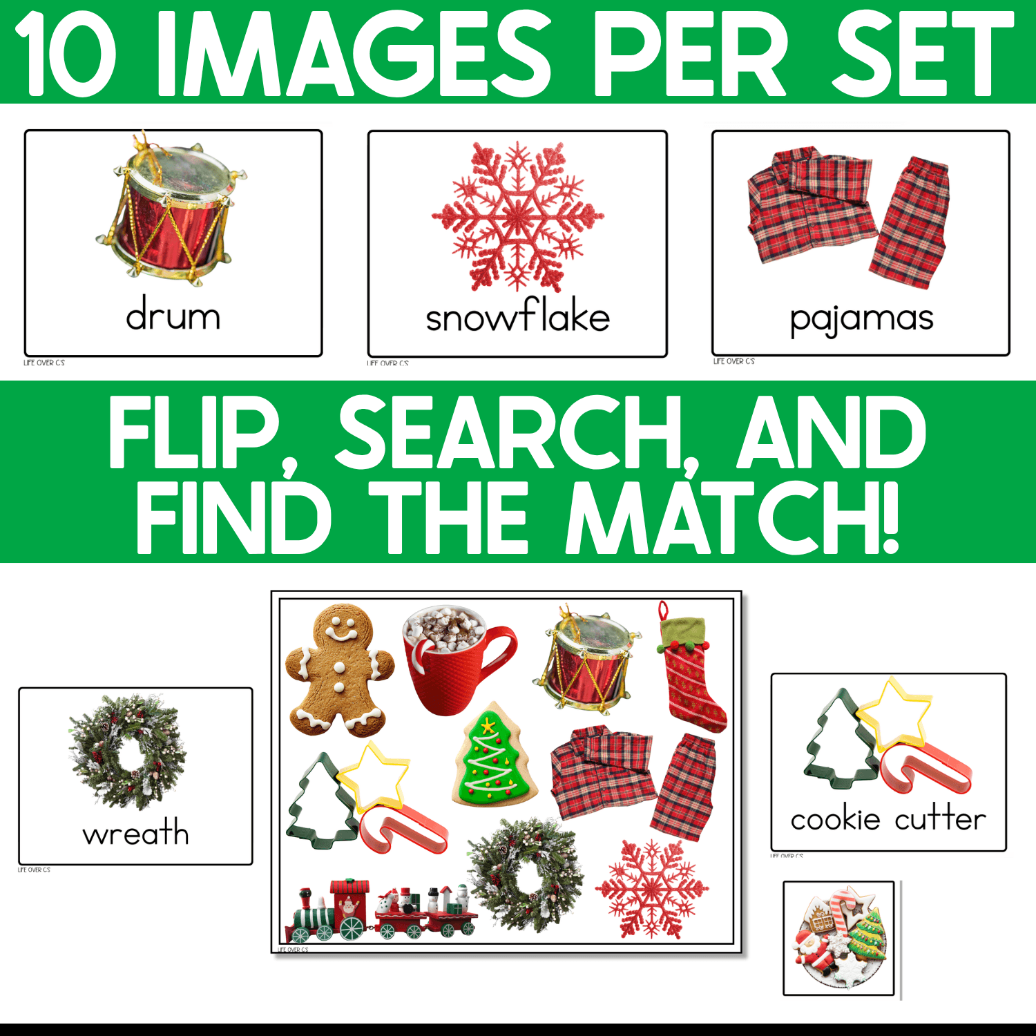 Christmas I Spy Junior matching game showing 10 real photo images per set with vocabulary cards for drum, snowflake, pajamas, wreath, and cookie cutter. Children flip a card, search the Christmas game board, find the matching picture, and use a token to mark the match while practicing visual scanning and holiday vocabulary.