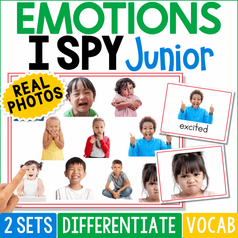 Emotions I Spy Junior real-photo board game for preschool, showing an I Spy board of children's facial expressions with excited and angry picture cards. Labeled 2 sets, differentiate and vocab for emotion vocabulary practice with 3-4 year olds.