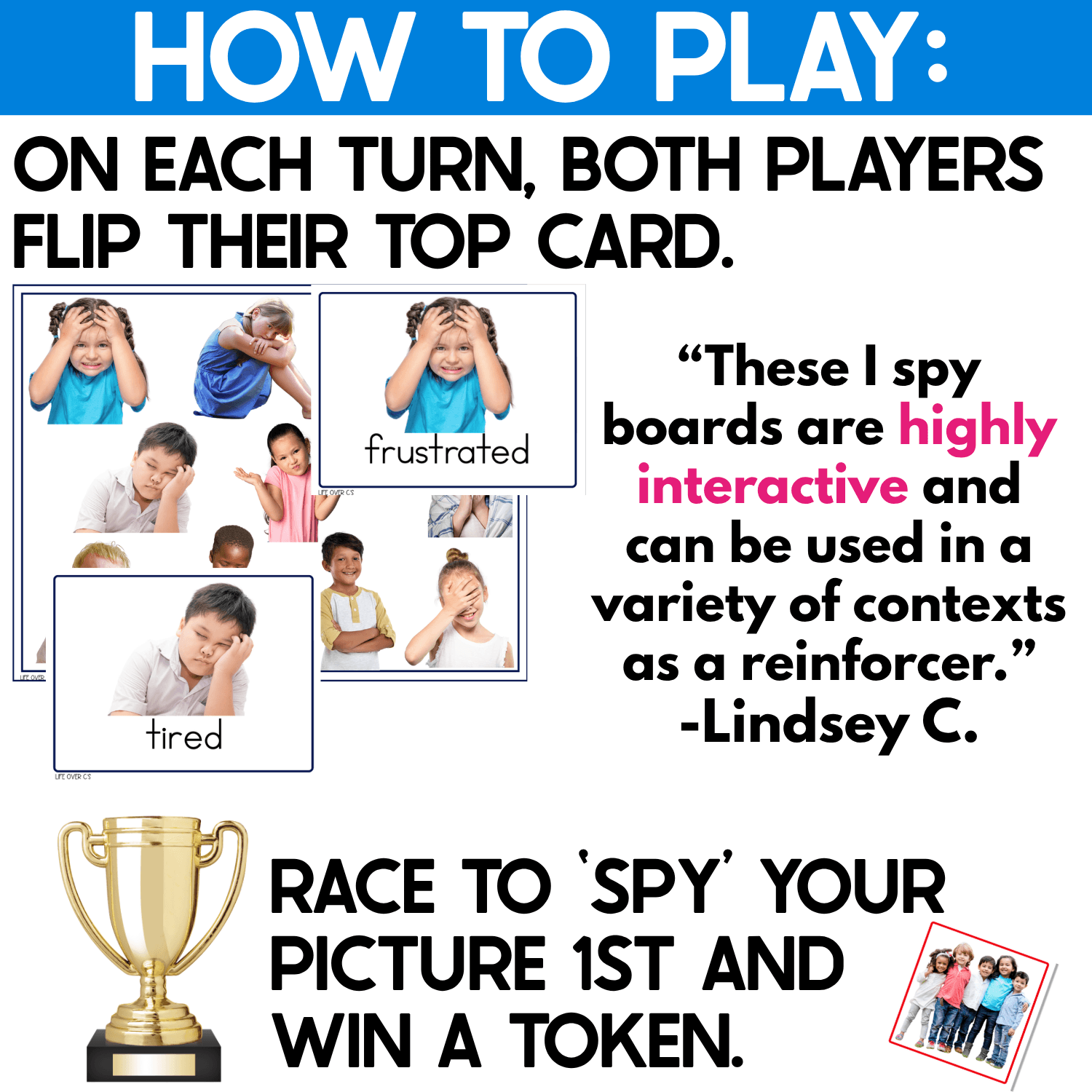 How to play Emotions I Spy Junior: both players flip their top card, like frustrated or tired, and race to spy the matching real photo first to win a token. Includes a review calling the I Spy boards highly interactive.