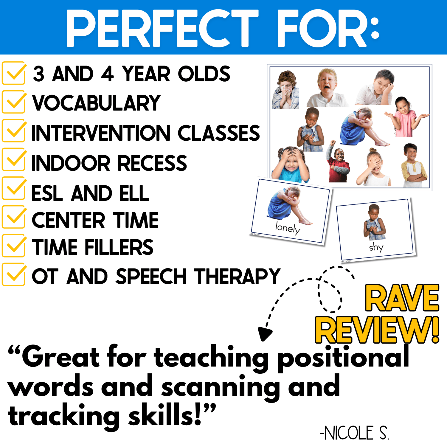 Emotions I Spy Junior is perfect for 3 and 4 year olds, vocabulary, intervention classes, indoor recess, ESL and ELL, center time and OT and speech therapy. Shows a real-photo feelings board with lonely and shy cards and a review about scanning and tracking skills.