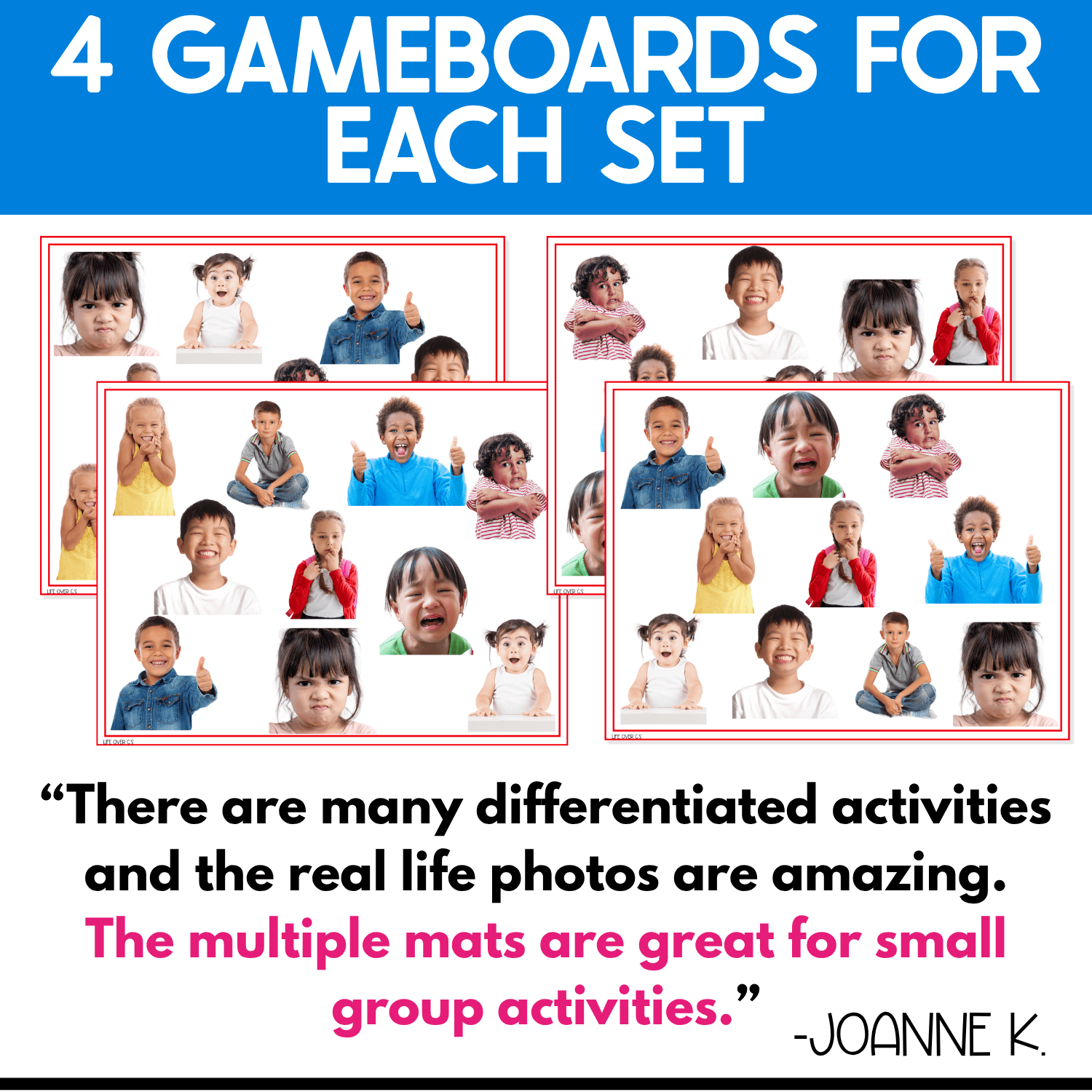 Four Emotions I Spy Junior game boards for each set, with the same real photos of children's facial expressions in different spots for visual scanning in small groups. Includes a teacher review praising the real-life photos and multiple mats.