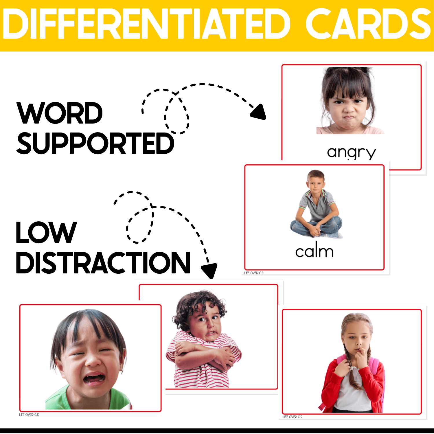 Differentiated Emotions I Spy Junior picture cards: word-supported angry and calm cards for emotion vocabulary and low-distraction picture-only cards of real children crying, crossing their arms and looking unsure.