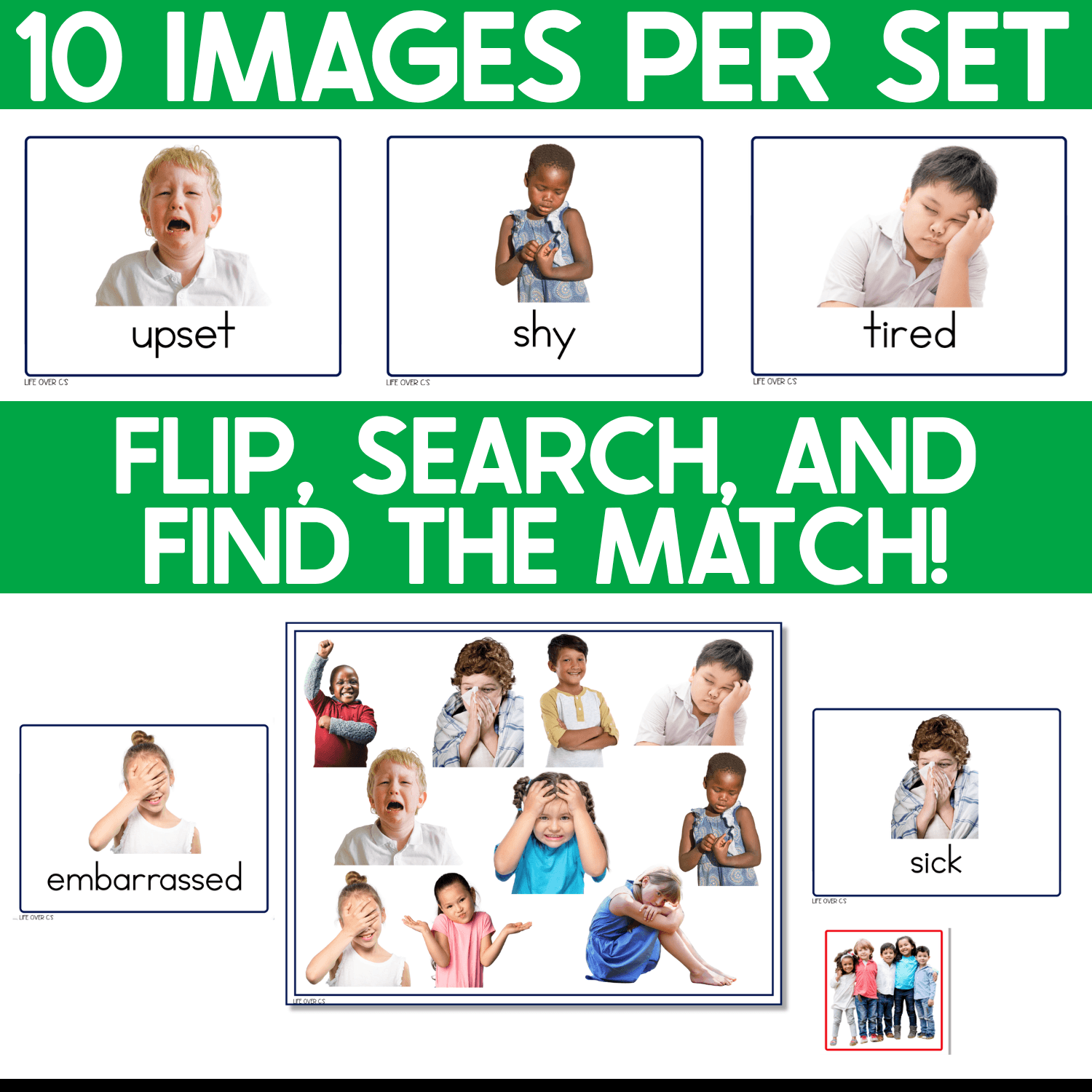 Ten real-photo emotion picture cards per set, including upset, shy and tired. Below, a flip, search and find the match example shows embarrassed and sick cards beside an Emotions I Spy board and a game token.