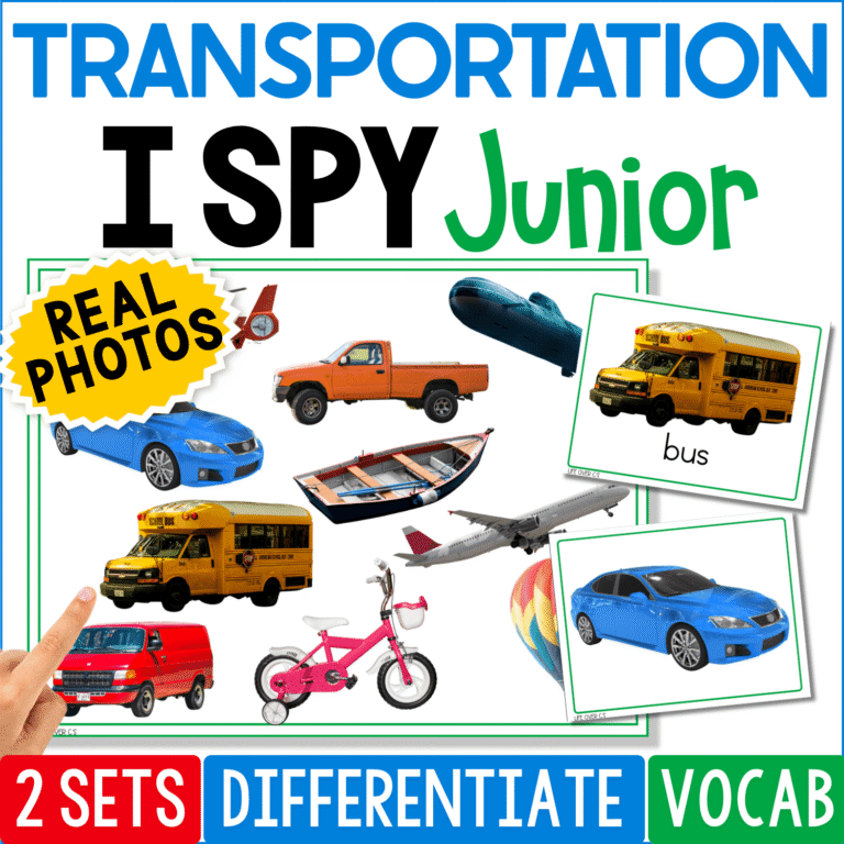 Transportation I Spy Junior game cover featuring a real-photo I Spy board filled with a helicopter, pickup truck, submarine, car, school bus, boat, airplane, bicycle, van, and hot air balloon, plus matching bus and car picture cards. The preschool game includes two differentiated sets for transportation vocabulary and visual matching.