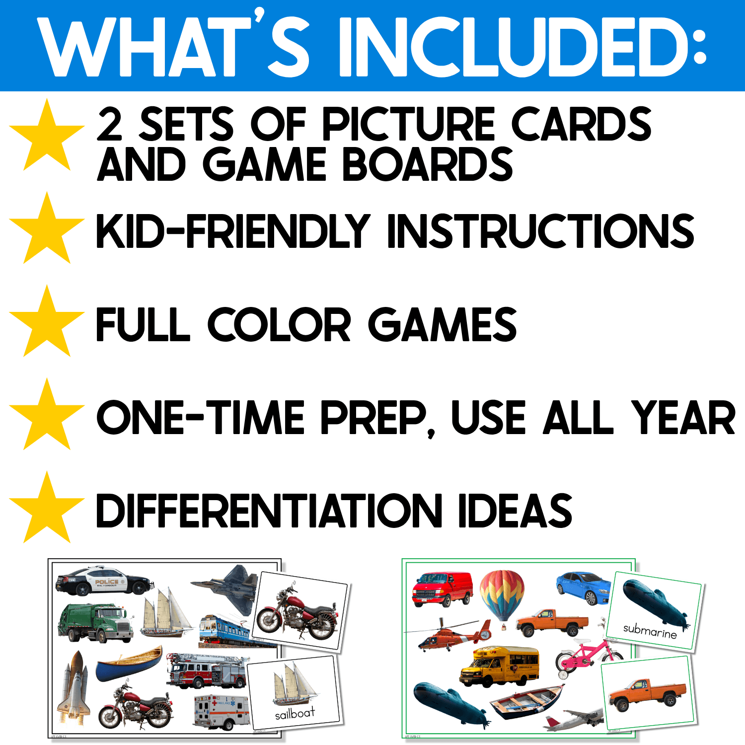 What’s included in the Transportation I Spy Junior activity: two sets of real-photo picture cards and game boards, kid-friendly instructions, full-color games, differentiation ideas, and reusable classroom activities. Sample boards and cards feature multiple types of transportation.
