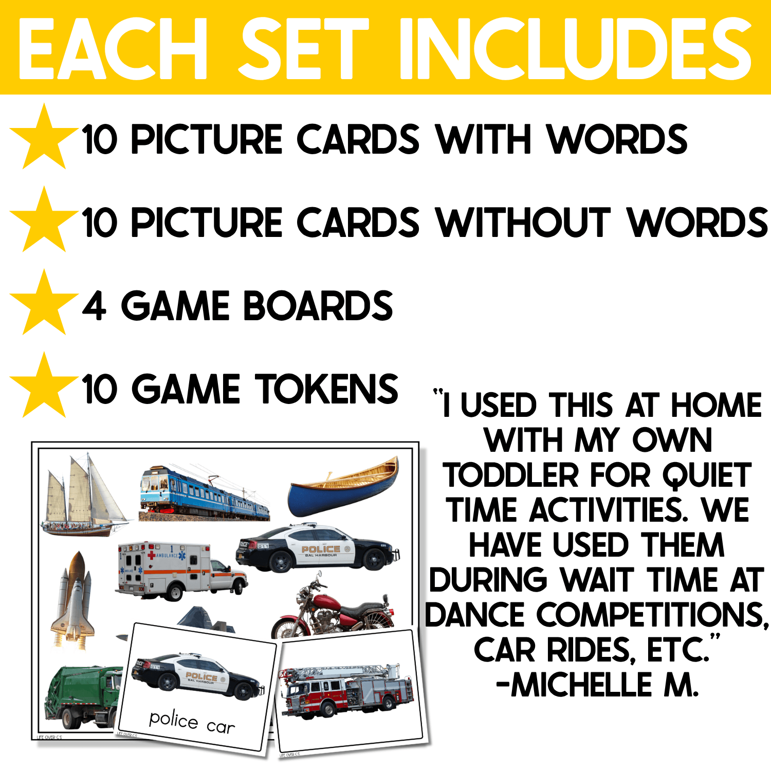 Transportation I Spy Junior set contents showing 10 picture cards with words, 10 picture cards without words, four game boards, and 10 game tokens. The sample game board includes real photos of a sailboat, train, canoe, ambulance, police car, rocket, motorcycle, garbage truck, and fire truck.