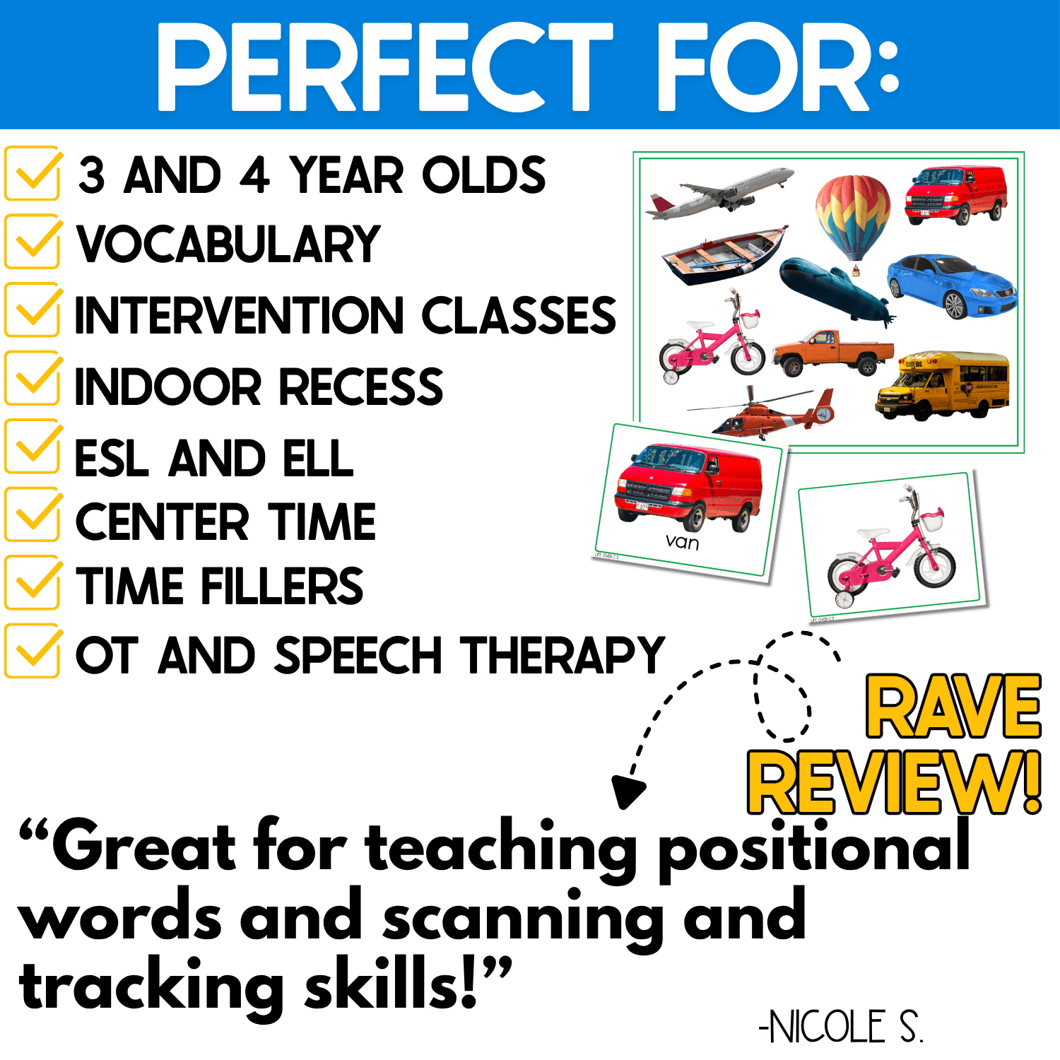 Transportation I Spy Junior activity for 3- and 4-year-olds featuring a real-photo transportation game board and picture cards. Suggested uses include vocabulary, intervention classes, indoor recess, ESL and ELL, center time, time fillers, occupational therapy, and speech therapy.