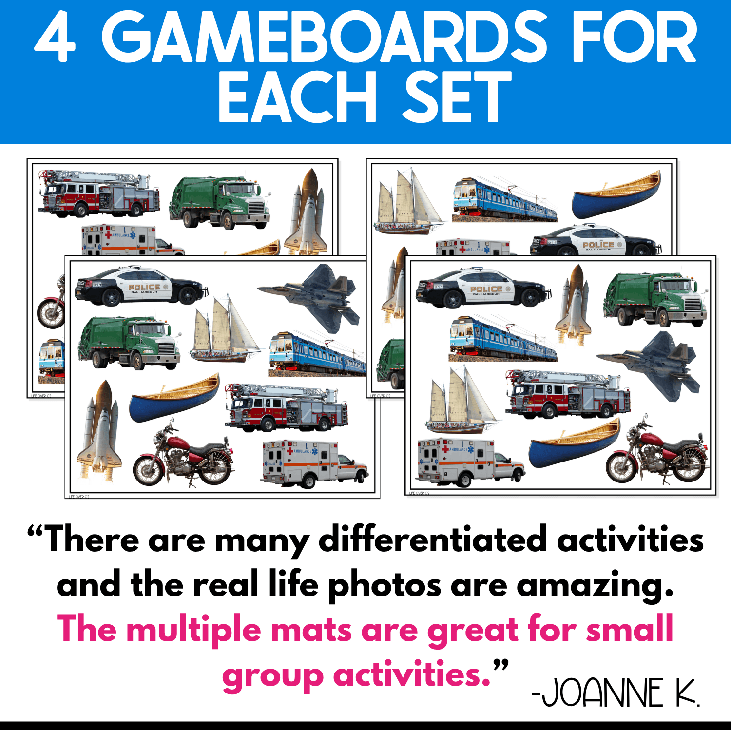 Four Transportation I Spy Junior game boards featuring different arrangements of real-photo transportation pictures, including a fire truck, garbage truck, rocket, police car, sailboat, train, canoe, motorcycle, ambulance, and jet for small-group matching and visual discrimination.