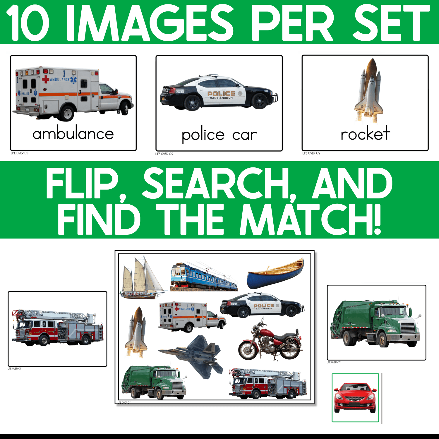 Transportation I Spy Junior set with real-photo picture cards for an ambulance, police car, and rocket above a game board filled with transportation pictures. The flip, search, and match format supports visual discrimination, matching, and transportation vocabulary.