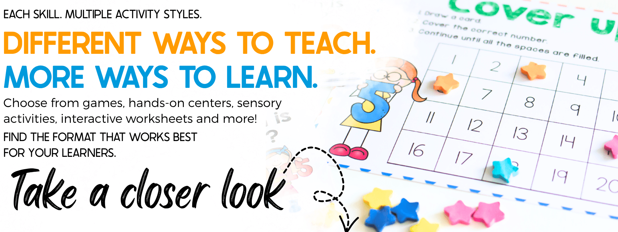 Colorful preschool number recognition activity featuring a number grid, bright star manipulatives, and a counting character, highlighting different ways to teach early learning skills through games, sensory activities, hands-on centers, and interactive worksheets.