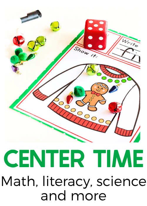 Christmas-themed preschool math center featuring a gingerbread sweater counting mat, red number dice, colorful jingle bells, and pom-poms for hands-on counting, number recognition, and fine motor practice.