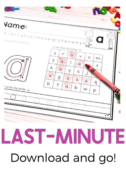 No-prep lowercase letter A worksheet featuring alphabet tracing, letter identification, a letter search grid with red crayon markings, and handwriting lines for quick preschool and kindergarten literacy practice.