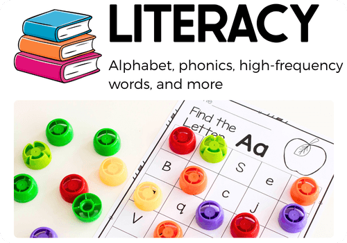 Literacy learning activities for preschool and kindergarten featuring alphabet, phonics, high-frequency words, and early reading skills, with a hands-on letter recognition grid