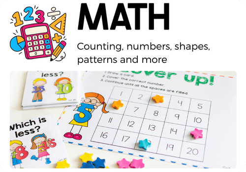Preschool and kindergarten math activities for counting, number recognition, shapes, patterns, and early math skills, featuring a numbers 1–20 game with colorful star manipulatives.