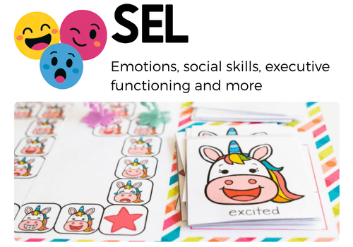 Social emotional learning activities for preschool and kindergarten covering emotions, social skills, and executive functioning, featuring a unicorn emotions matching activity and excited emotion card.