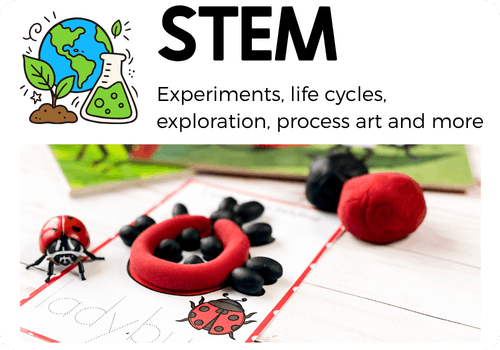 Preschool and kindergarten STEM activities featuring science experiments, life cycles, exploration, and process art, with a hands-on ladybug life cycle play dough mat set