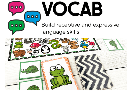 Vocabulary and language activities for preschool, kindergarten, special education, and speech therapy featuring picture matching cards with animals like frog, turtle, cow, penguin, snake, and dog to build receptive language, expressive language, vocabulary, and communication skills.