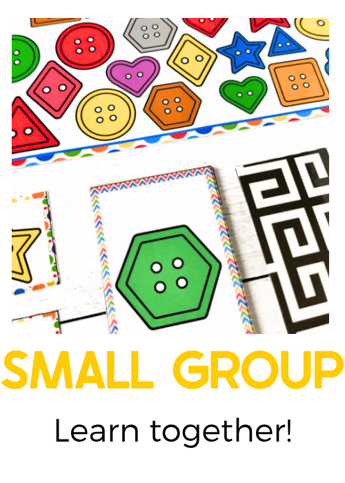 Preschool shape recognition game featuring colorful button-shaped cards with circles, squares, hearts, stars, and hexagons alongside a matching green hexagon card and maze for hands-on small group math activities.