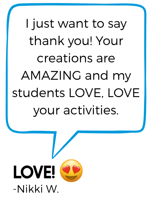 Enthusiastic teacher review of Life Over C’s educational activities featuring a thank-you message celebrating printable classroom resources that students love, love, LOVE.